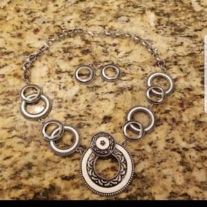 Silver Tone White Enamel Necklace and Earrings